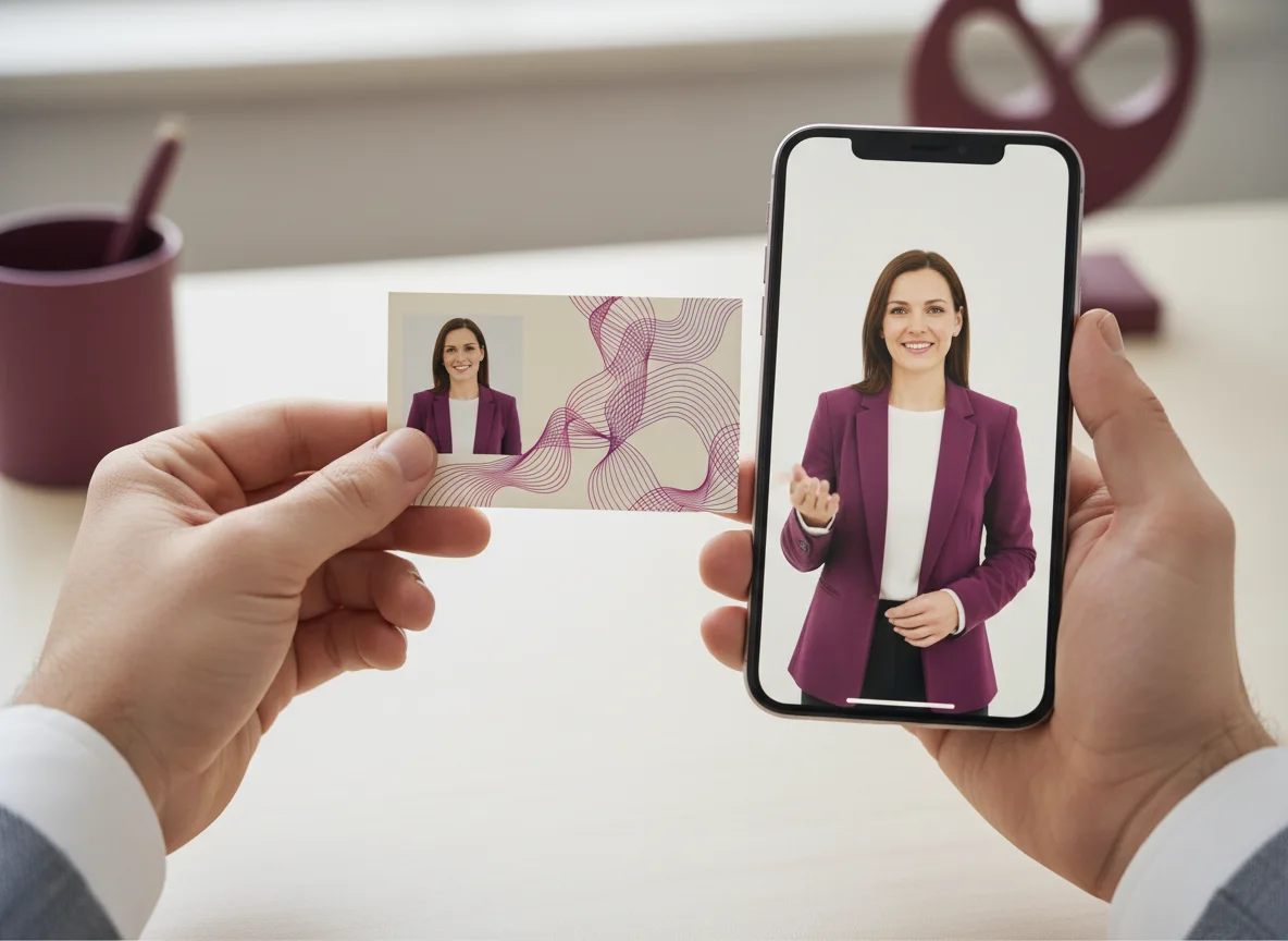 Wizualizacja: Telefon skierowany na portret pokazuje jego bohaterkę w krótkiej prezentacji.